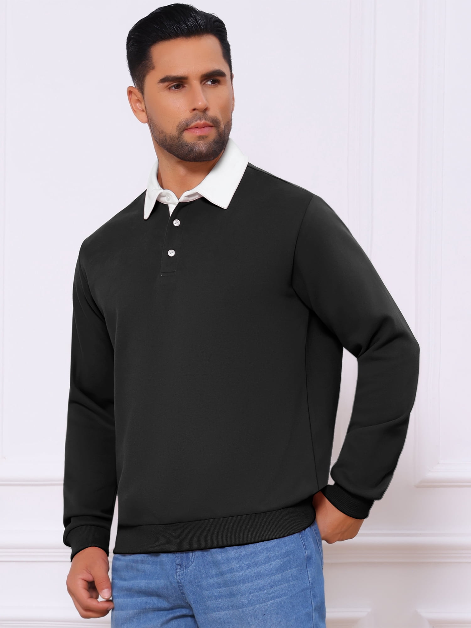 DARING DIVA Men's Contrast Collared Long Sleeves Pullover Polo Sweatshirt S Black