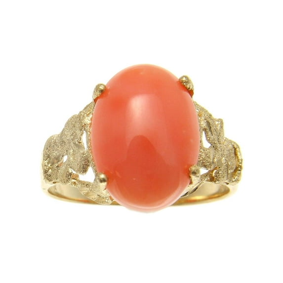 Genuine natural pink coral ring Hawaiian plumeria flower solid 14k yellow gold size 12