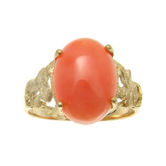 Genuine natural pink coral ring Hawaiian plumeria flower solid 14k yellow gold size 11.5