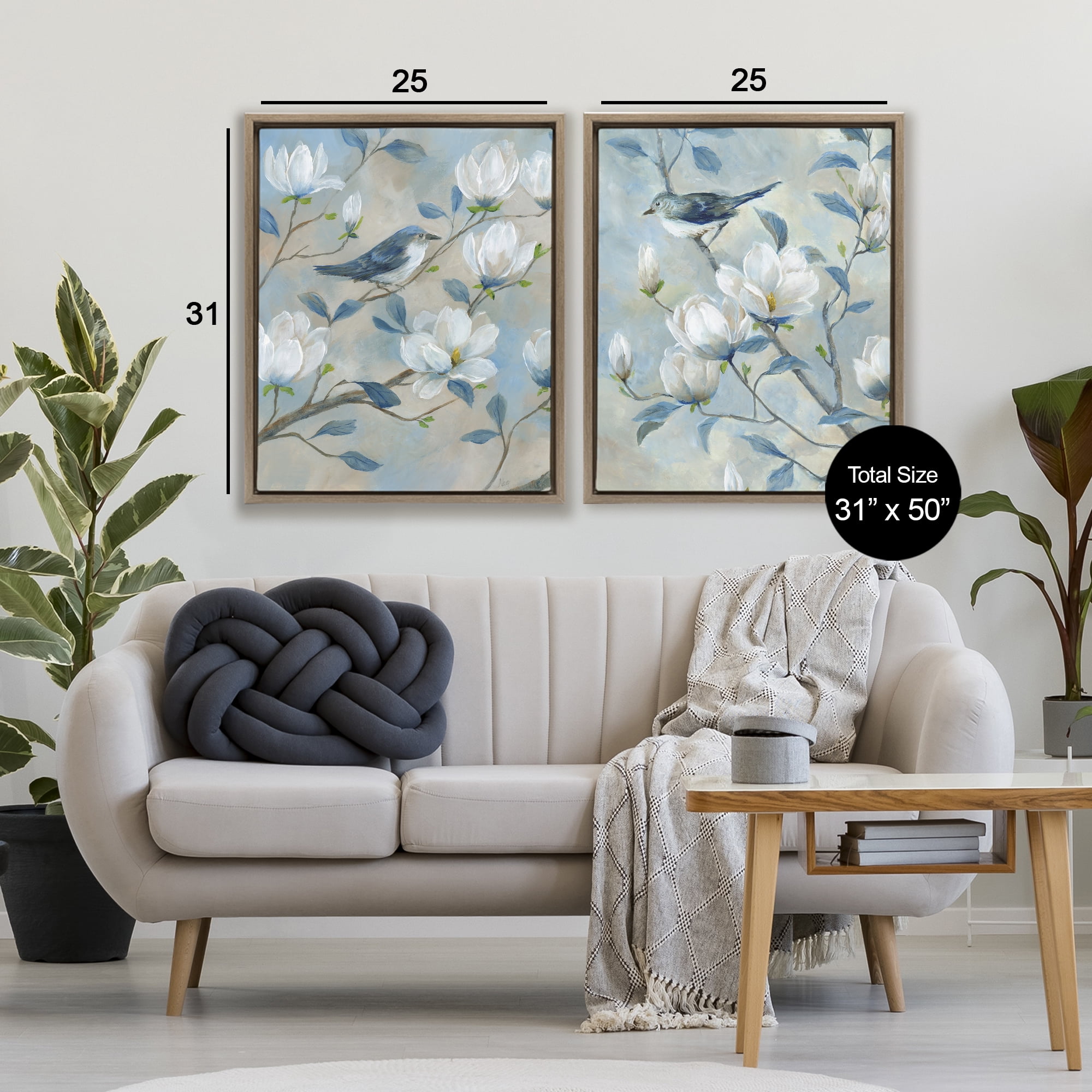 Stupell Industries Blue Birds in Magnolia Tree 2 Piece Brown Framed Floater Canvas Set, design by Nan