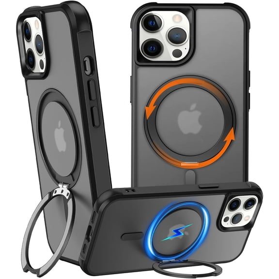 360° Rotatable Stand for iPhone 12 Pro Max Case with Magnetic [ Grade Drop Tested][Adjustable Kickstand] Ring Translucent Slim Hard Back Soft Edge, Black
