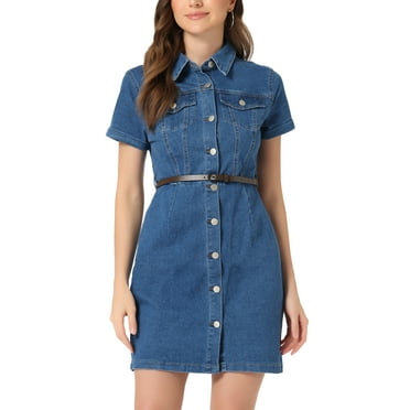 Vestido de camisa de mezclilla para mujer, cuello de manga corta, cinturón, botones, vestidos de mezclilla M Azul S