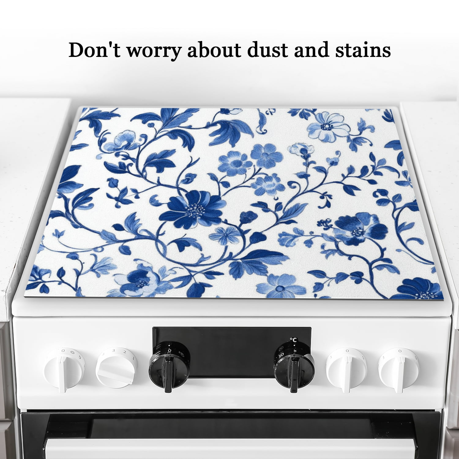 Stovetop Cover for Electric Stove, Blue And White Porcelain Floral Pattern Stove Mat for Glass Cooktop, Square Foldable Decoration Pad for Kitchen RV (28×20 Inch)