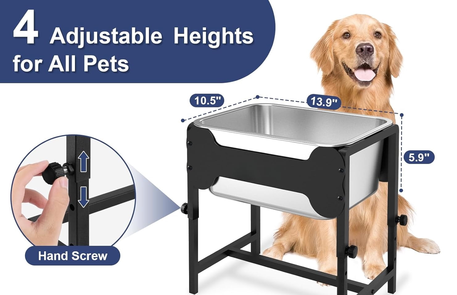 2.5 Gallon Adjustable Elevated Dog Water Bowl, Raised Stainless Steel Large Dog Bowl with 4 Height(11-17")， Full Metal Feeding Station for Relief Joint Pressure, Easy to Clean, Indoor & Outdoor