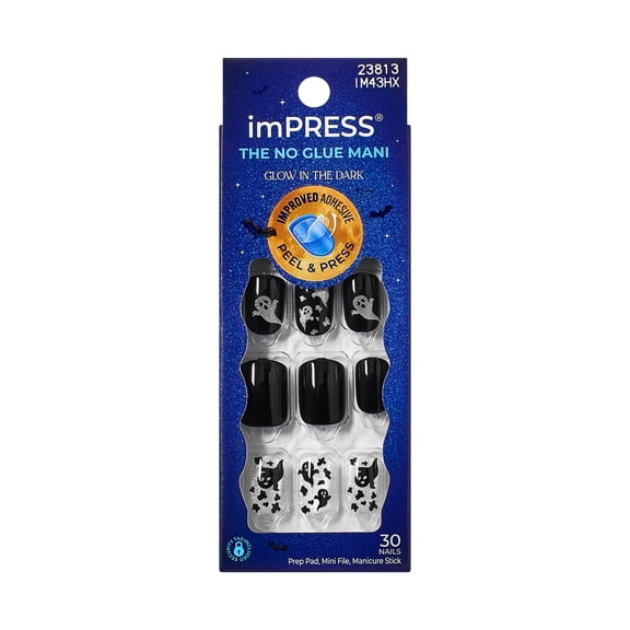 Kiss Impress Press On Nails Short, Halloween, ‘Haunt Me’, Black, Squoval, 30 Count