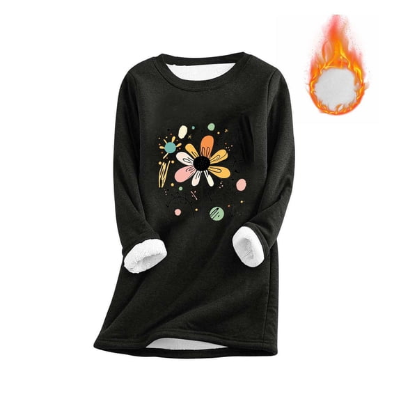 Guieoi Long Sleeve Fleece Blouses for Women,Winter Fleece Coats Trendy Printed Loose Long Sleeve Blouse Casual Thickened Tops Black Black*Friday/Cyber*Monday