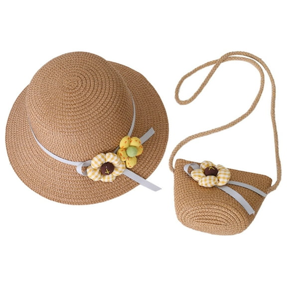 56-58cm hat circumference women's summer sun hat straw hat big brim sunscreen sun hat beach hat and straw bag set - Khaki