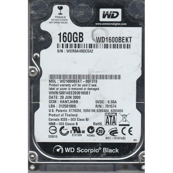 WD1600BEKT-00F3T0, DCM HANTJHBB, Western Digital 160GB SATA 2.5 Hard Drive