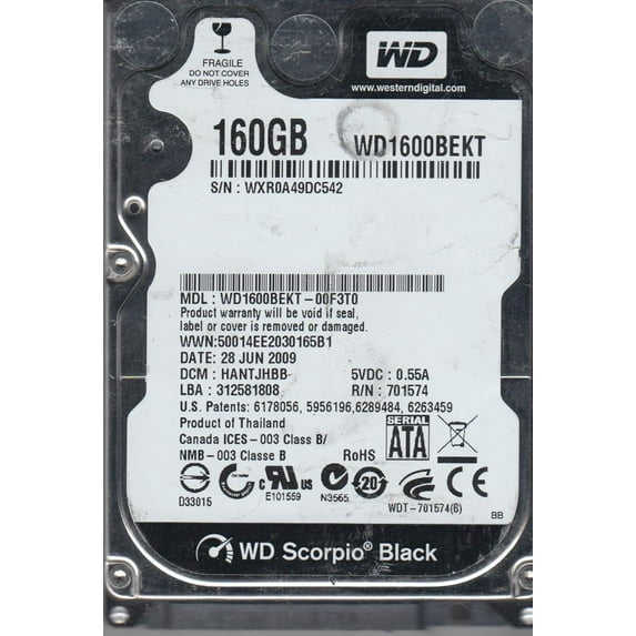 WD1600BEKT-00F3T0, DCM HANTJHBB, Western Digital 160GB SATA 2.5 Hard Drive