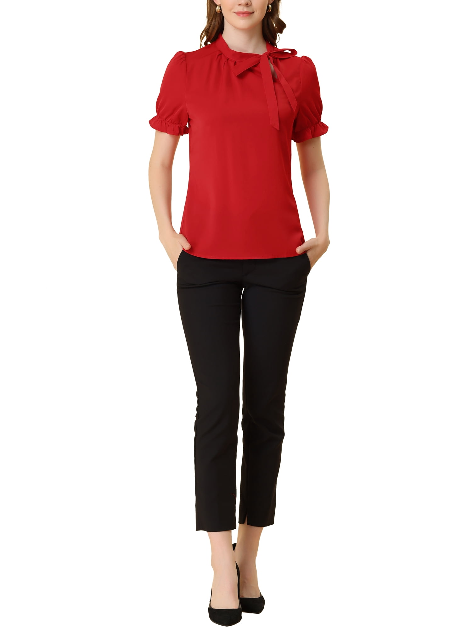 Unique Bargains Women's Bow Tie Neck Office Elegant Short Sleeve Blouse Top M Red