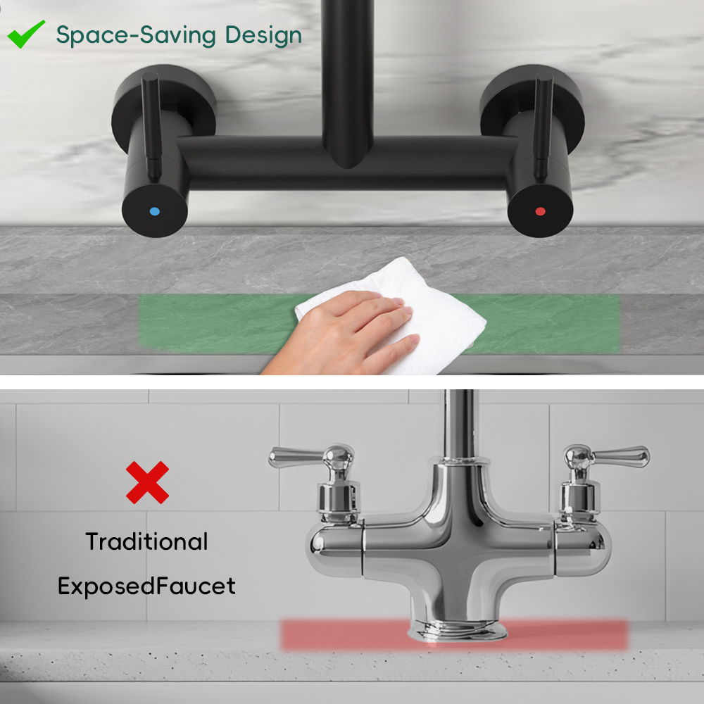 Wall Mount Kitchen Faucet 2 Handles, 8 Inch Center Wall Commercial Utility Sink Faucet with Pull Out Sprayer 2 Modes, Stainless Steel, Matte Black