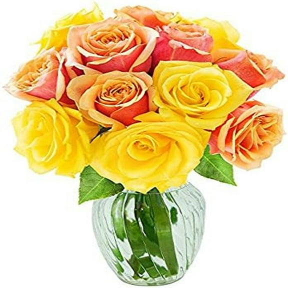 KaBloom :9 Orange and 9 Yellow Roses with vase, Next-Day Delivery, Gift for Every Occasion.