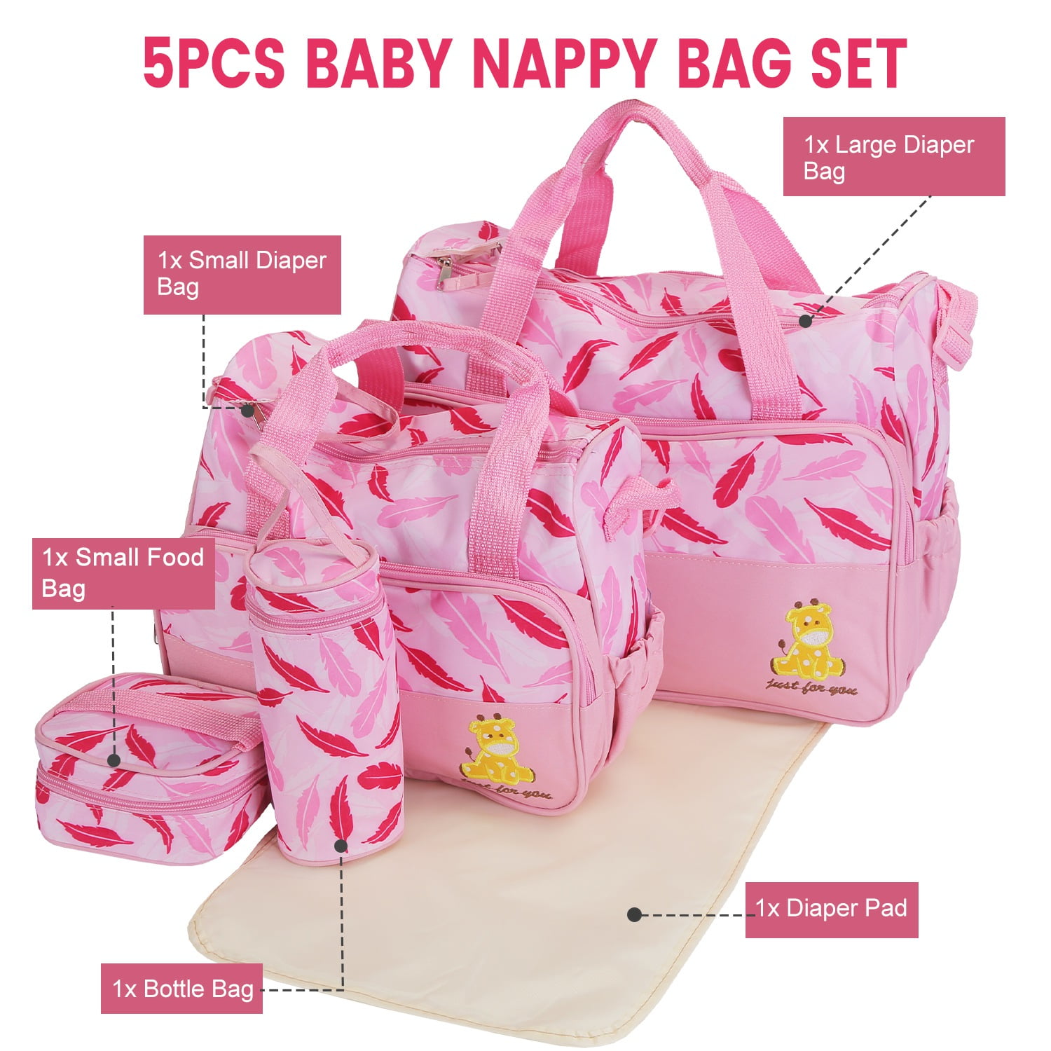 Moclever 5Pcs Baby Nappy Tote Bags Set for Mom Dad, Mummy Diaper Handbags with Diaper Pad Food Bag Bottle Bag Travel Tote Bags, Light Pink