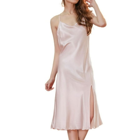 Defitshape Women s Silk Nightgown Midi Chemise Satin Sleep Dress Sleeveless Side Slit Pajama Dress Knee Length Criss Cross Open Back Sexy Sleepwear Nightie Lingerie Pink Small