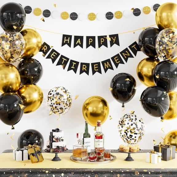 Retirement Party Decorations for Men and Women - Black and Gold Happy Retirement Banner Balloons Garland Kit for Farewell Party, Coworker Leaving, Office, Home Decor