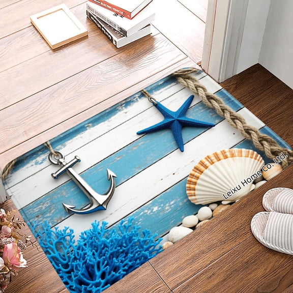 FJPT Nautical Anchor Starfish Shell Coral Floor Mat Kitchen Mat For Bathroom Kitchen Bedroom Decor 24x16 inch