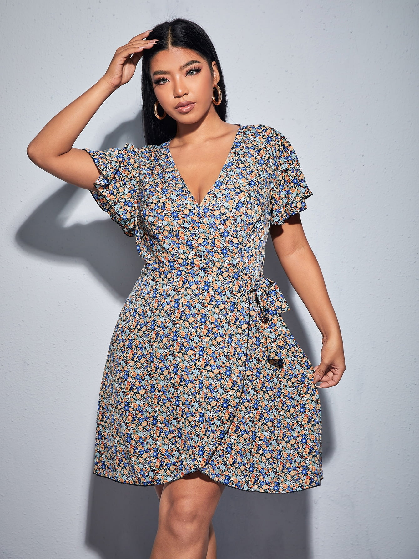 Ditsy Floral Tie Side Wrap A line Dress 