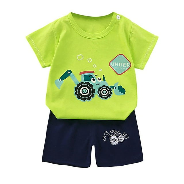 PMVFHDE Toddler Boys' Dinosaur Print Short Sleeve Top & Shorts Set Soft Cotton Summer Sleepwear, Loungewear, Playwear Cartoon Dino Design, Breathable & Comfortable Outfit e-Light Green,12-18 Months