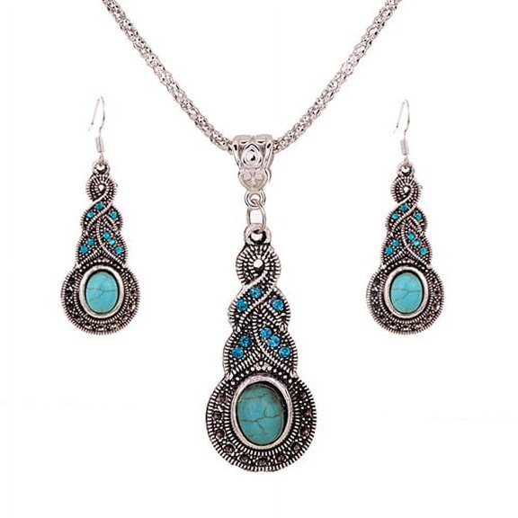 NUZYZ 1Set Women's Turquoise Pendant Rhinestone Earrings Necklace Jewelry Set