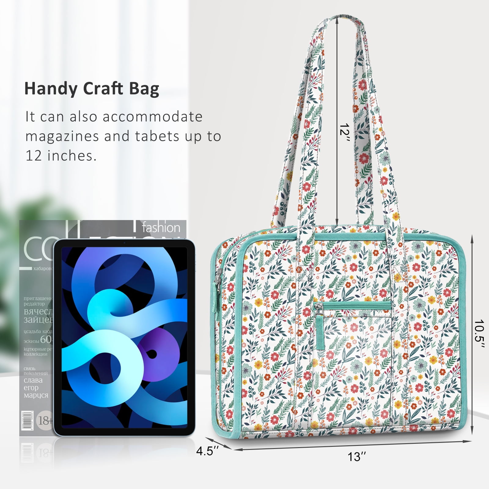FINPAC Sewing and Craft Supplies Storage Tote, Large Capacity Travel Packing Organizer Bag with Clear Pockets and Handle for Knitting, Crochet, Art, Sewing Accessories, Spring Bloom