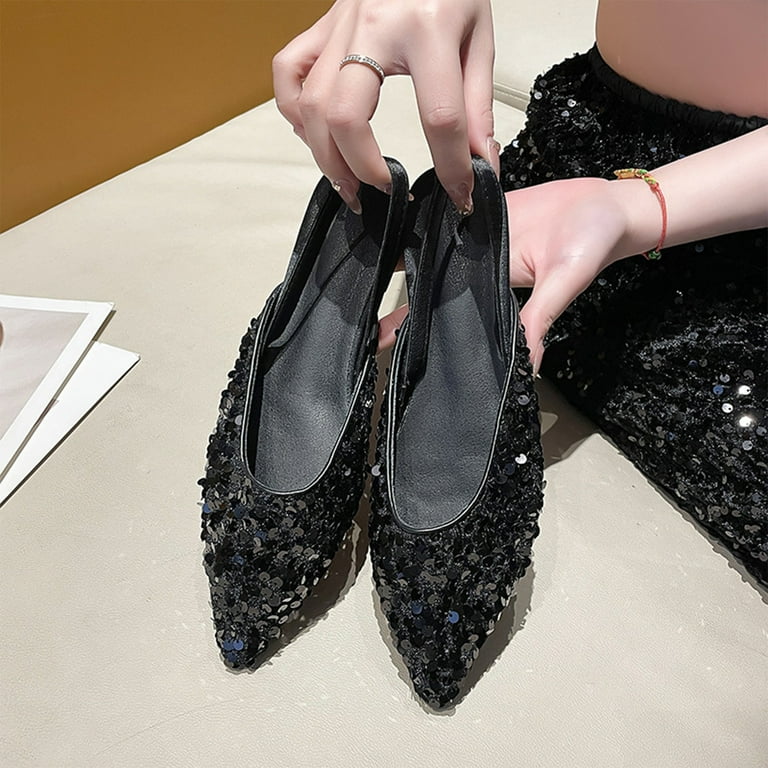 Closed Toe Black Sequin Shoes Low Heel Chic Black Sequin Round Toe Low Heel  Pumps With