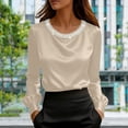 thumbnail image 2 of Women's Elegant Pearl Embellished Satin Round Neck Long Sleeve Blouse Shirt Top Loose Fit Gorgeous Commuting Business Casual Office Wear Gift for Women | CSEONE,Khaki XL, 2 of 9
