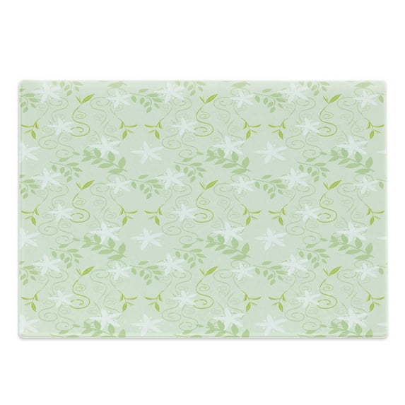 Mint Cutting Board, Swirling Floral Branches with Leaves and Flower Florets Nature Print, Decorative Tempered Glass Cutting and Serving Board, Large Size, Fern Green White, by Ambesonne