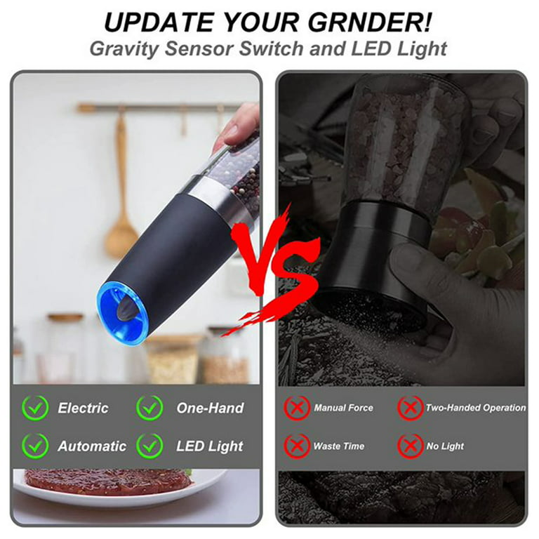 2 Pack Electric Grinder Set Battery Operated, Automatic Pepper Mill with Light, Gravity Sensor and Safety Switch, Adjustable Coarseness Mills (Set of