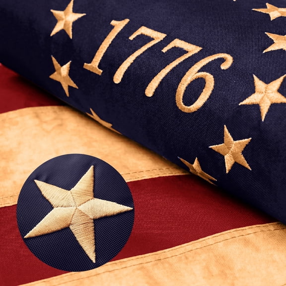 G128 Heavy Duty Flag, 6x10 ft, Embroidered Betsy Ross 1776 Tea-Stained Historical Flag, Grommets
