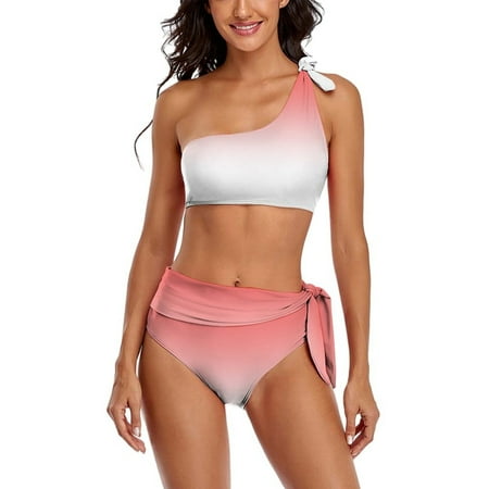 Aesthetic Antique Pink And White Gradient One Shoulder Bowknot Swimsuit Two Piece Swimsuit Knot Crop Top Bikini High Waisted Bathing Suit