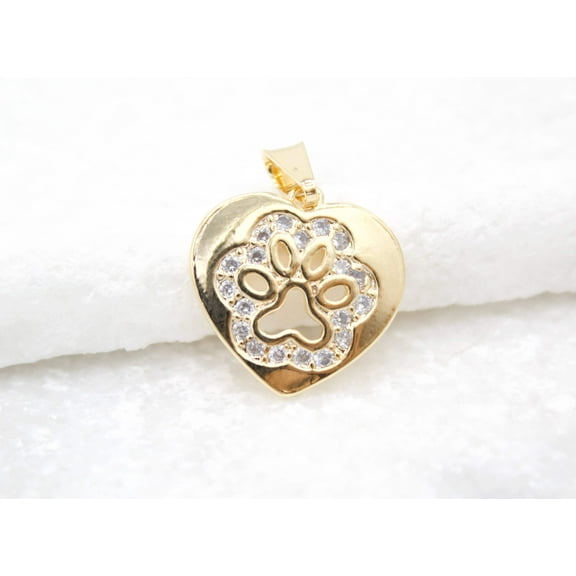 18k Gold Filled Dog Paw Heart Lovers Pendant With CZ Stones