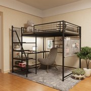 Full Size Loft Bed w/ Charging Station & LED Lights - Black Metal Frame, Space-Saving Design for Bedroom or Dormitory
