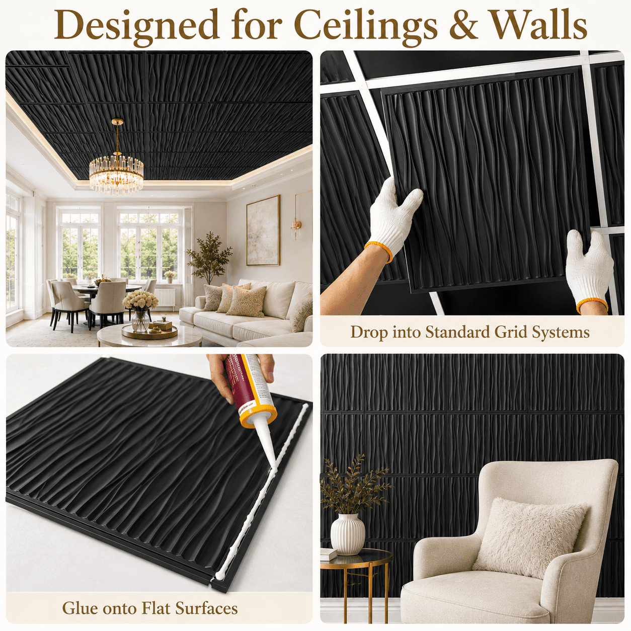 Yeslife 2 x 2 ft Drop Ceiling Tiles, 12 Pack, Black PVC 3D Wall Panels, Covers 48 Sq Ft