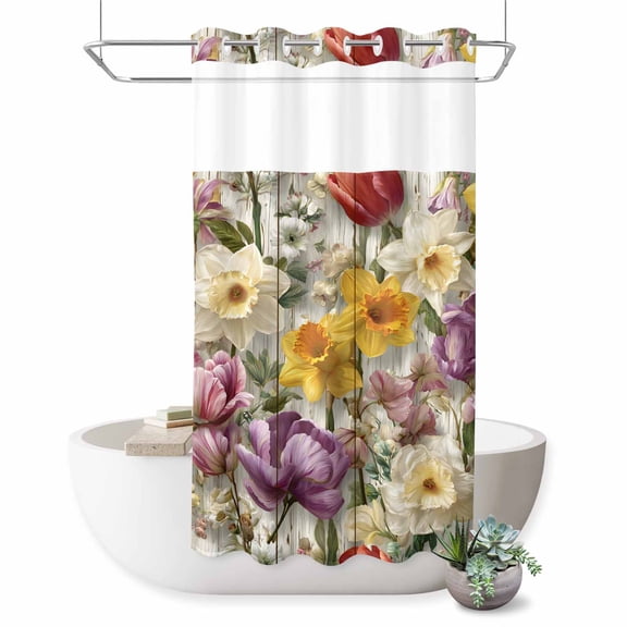 No Hook Shower Curtain, Spring Floral Shower Curtains for Bathroom with See Through Top Window, Farmhouse Flowers Watercolor Botanical Elegant Waterproof Bath Curtain Stand Up Stall 36"x72"