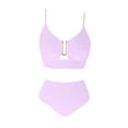 thumbnail image 5 of Minjewel Women's V-Neck Cutout High Waisted Bikini Two Piece Swimsuit,Textured Pleated Fabric with High Waist Bottoms,Sexy Beach Swimwear,Light Purple,XL, 5 of 6