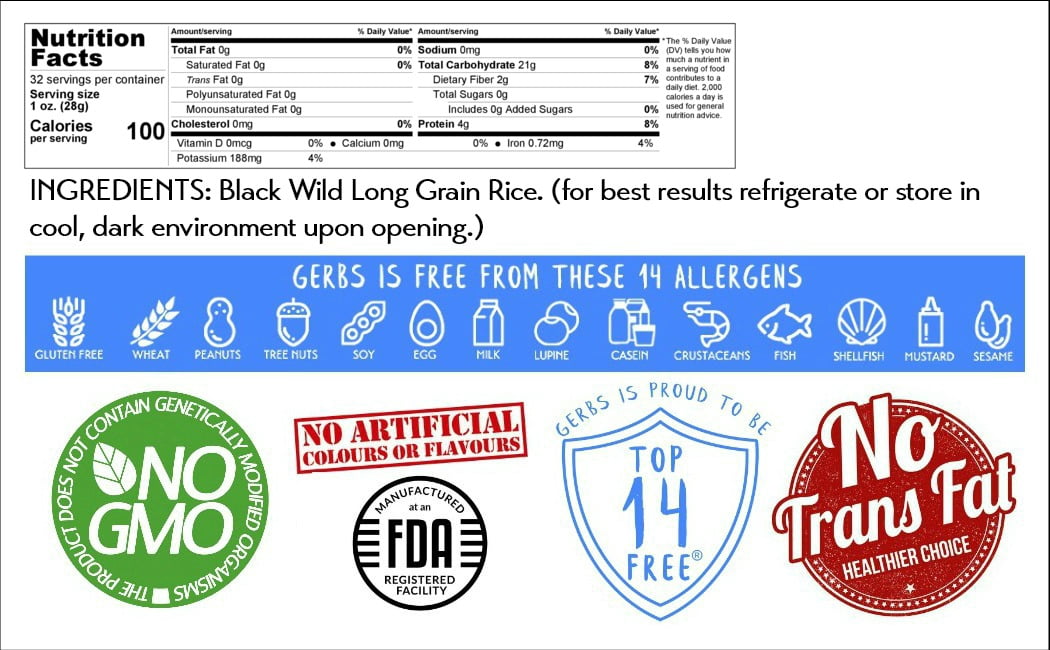 Wild Black Rice by Gerbs - 2 LBS - Top 14 Food Allergen Free & NON GMO - Product of Canada