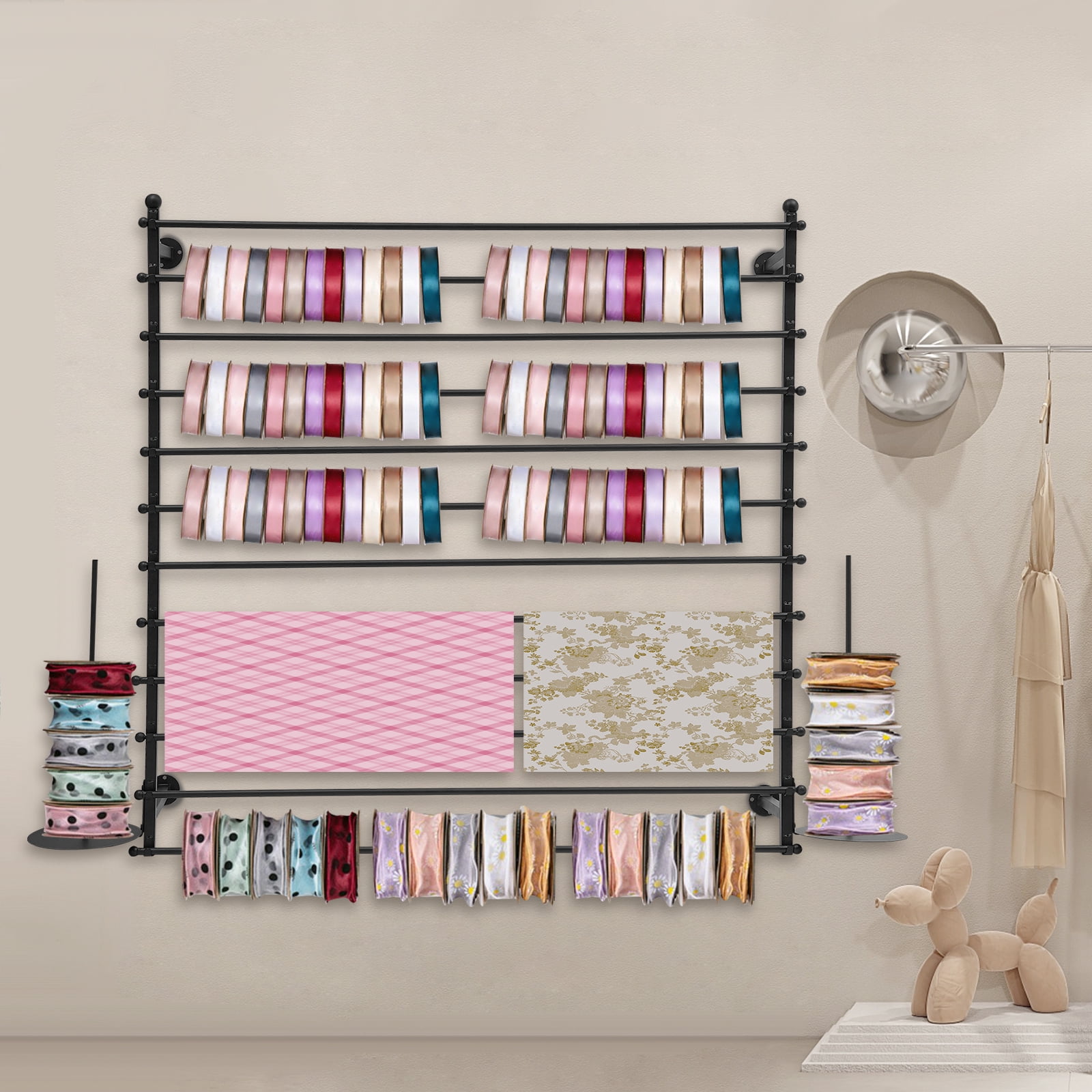 1 PCS Black Wall-Mounted Display Rack, Wrapping Paper Ribbon Holder, Organizer for Flower Shop Sewing Tool Thread Scarf Tie, 12 Rods
