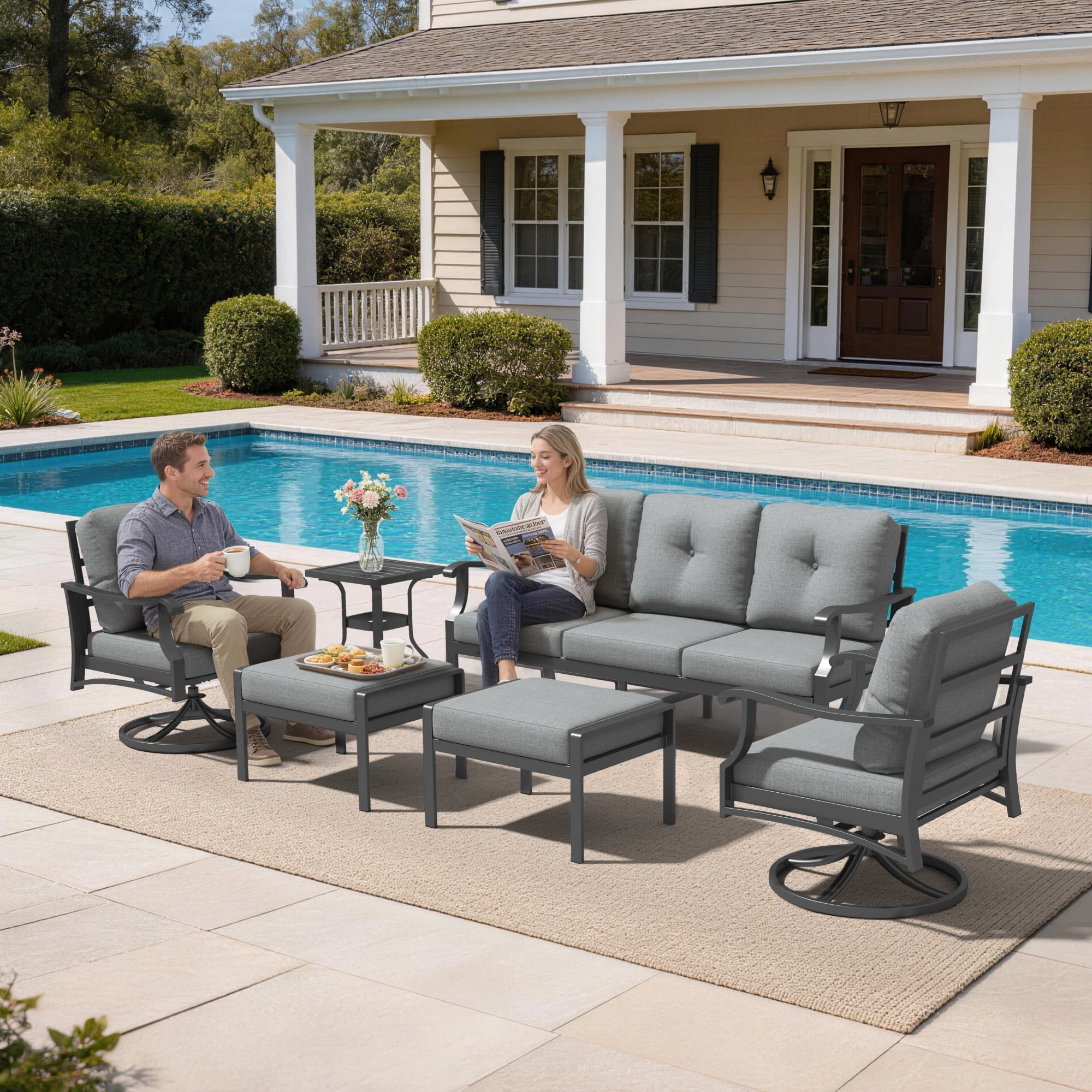 Mvpipi 6 Piece Aluminum Patio Conversation Set, Outdoor Metal Furniture Set w/Rocking Swivel Chairs, 3-Seat Sofa, Ottomans and Coffee Table, 5" Thickened Cushions for Backyard, Poolside, Gray