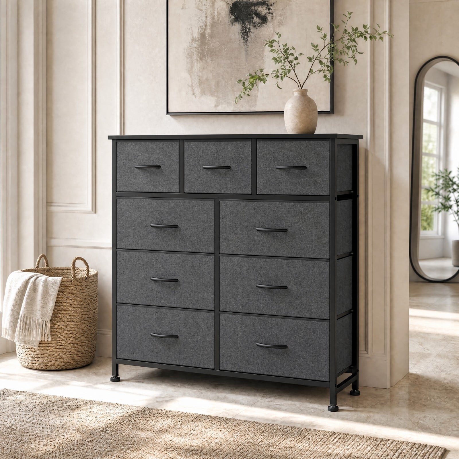 Telyra 9-Drawer Fabric Dresser Tall Storage Tower with Wood Top and Steel Frame Bedroom Closet Organizer, Gray