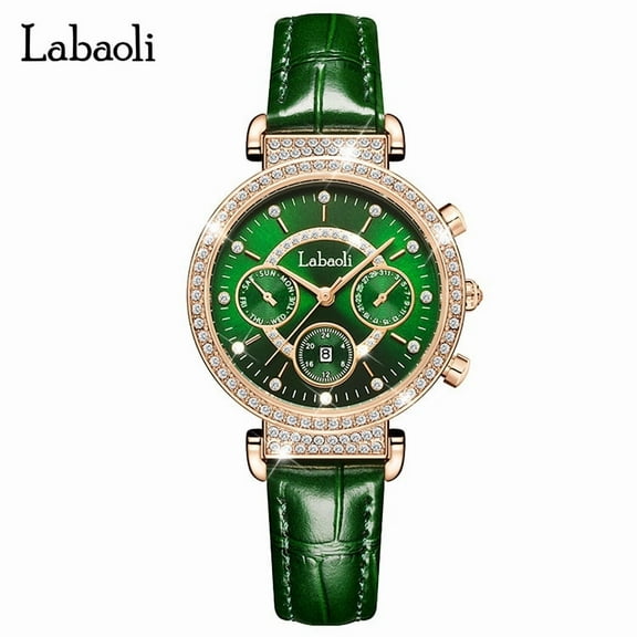 EXPLOJOY Women's Leather Watch – Waterproof, Diamond Accents, Calendar Display, Elegant Design