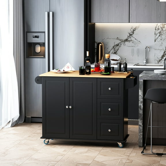 Knubmt Woo Top Kitchen Island with Towel Rack and 3 Drawers, Storage Trolley Cart with Wheels and 2 Door Cabinet, Black