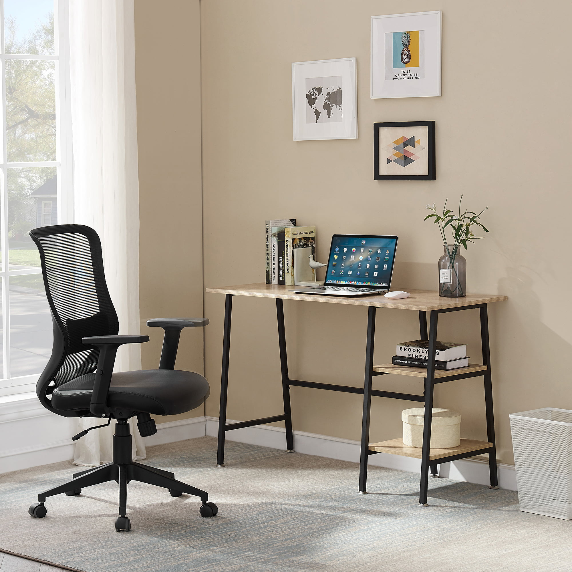 VECELO 2 Piece Home Office Computer Writing Desk with Adjustable Swivel Mesh Chair, Brown/Black