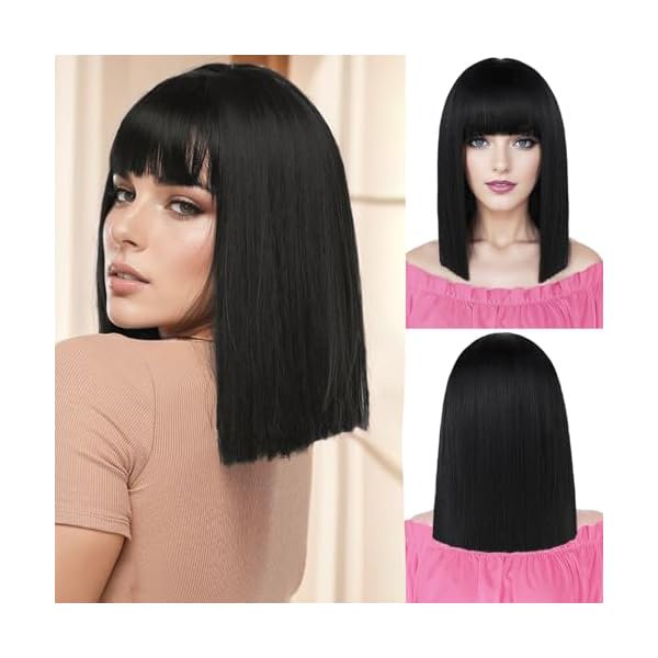 wonima44 Black Straight Bob Wig with Bangs Short Black Bob Wigs for Women Shoulder Length Heat Resistant Synthetic Bangs Wig for Daily Party Use (14 inch)