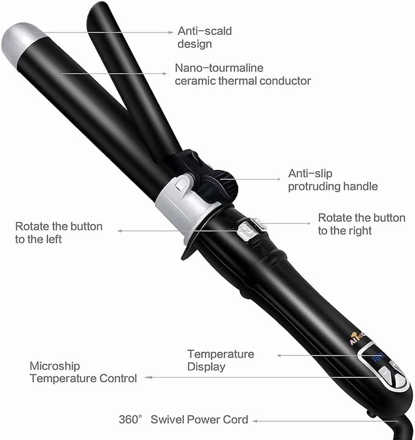 1'' Pro Auto Spin Hair Curler Ceramic Instant Heat Curling Wand, Wavy Rotating Iron with Adjustable Temps 210 degreeF - 450 degreeF, Anti-Scald & Dual Voltage, for All Types, Black, WT-108
