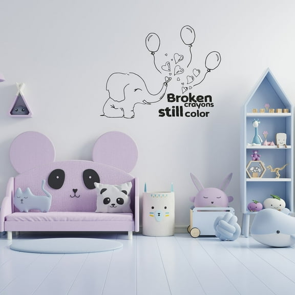 Broken Crayons Still Color Life Inspiration Quote Cute Baby Elephant Balloons Design Vinyl Wall Art Sticker Decal Home Kids Room Study Room Boys Girl Décoration Design Wall Décor Size(22x30 inch)