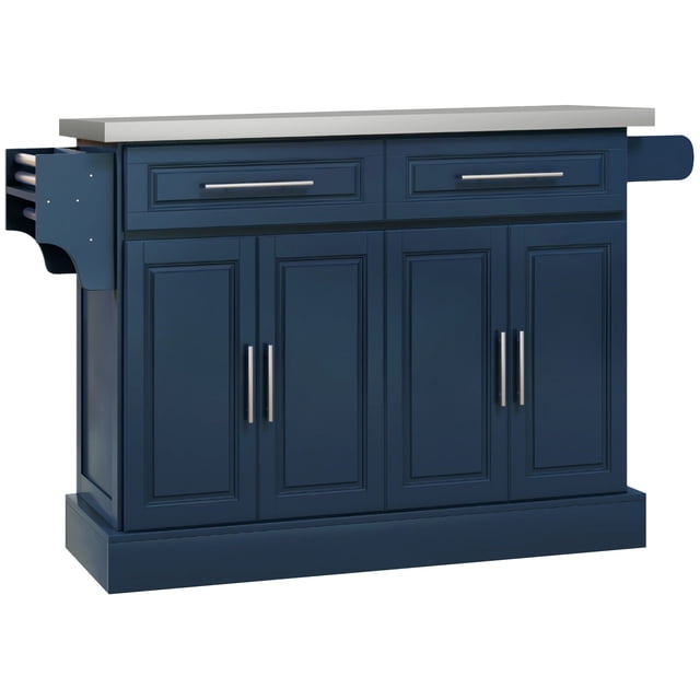 Navy Blue Rolling Kitchen Island with Stainless Steel Top & Storage | Kitchen Cart with Drawers, Towel Rack, 57" x 17.7"