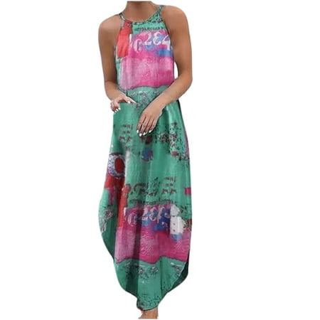 

Lilgiuy Women O-Neck Halter printing Sleeveless Casual Slit Loose Long Dress