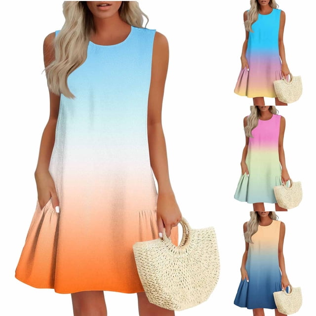 Sentmoon Robe de Collation des Grades pour Femmes Été 2026 Élégante Couleur Dégradée Col Rond Robes Plissées Extensible Coupe Régulière Indispensables de Plage pour la Plage et les Vacances L