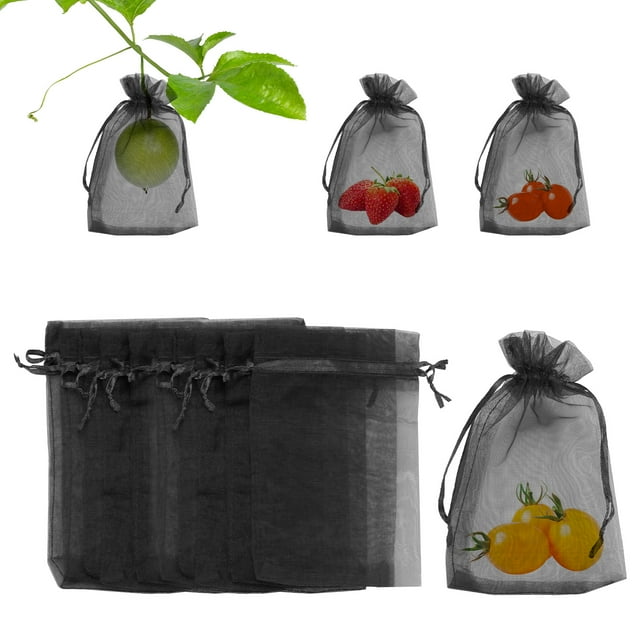 Bolsas de protección de frutas Uxcell 200 Pack - Bolsas de red para frutas de 4x6 pulgadas con cordón aplicables a plantas (Negro)