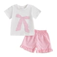 thumbnail image 3 of YWIYIUD Girls 2 Piece Outfits Toddler Baby Girl Summer Outfit Bow Embroidery Short Sleeve T-Shirt Plaid Ruffle Shorts Set InfantSummer Clothes Outfits Girl Summer Clothing Pink 18-24M, 3 of 7